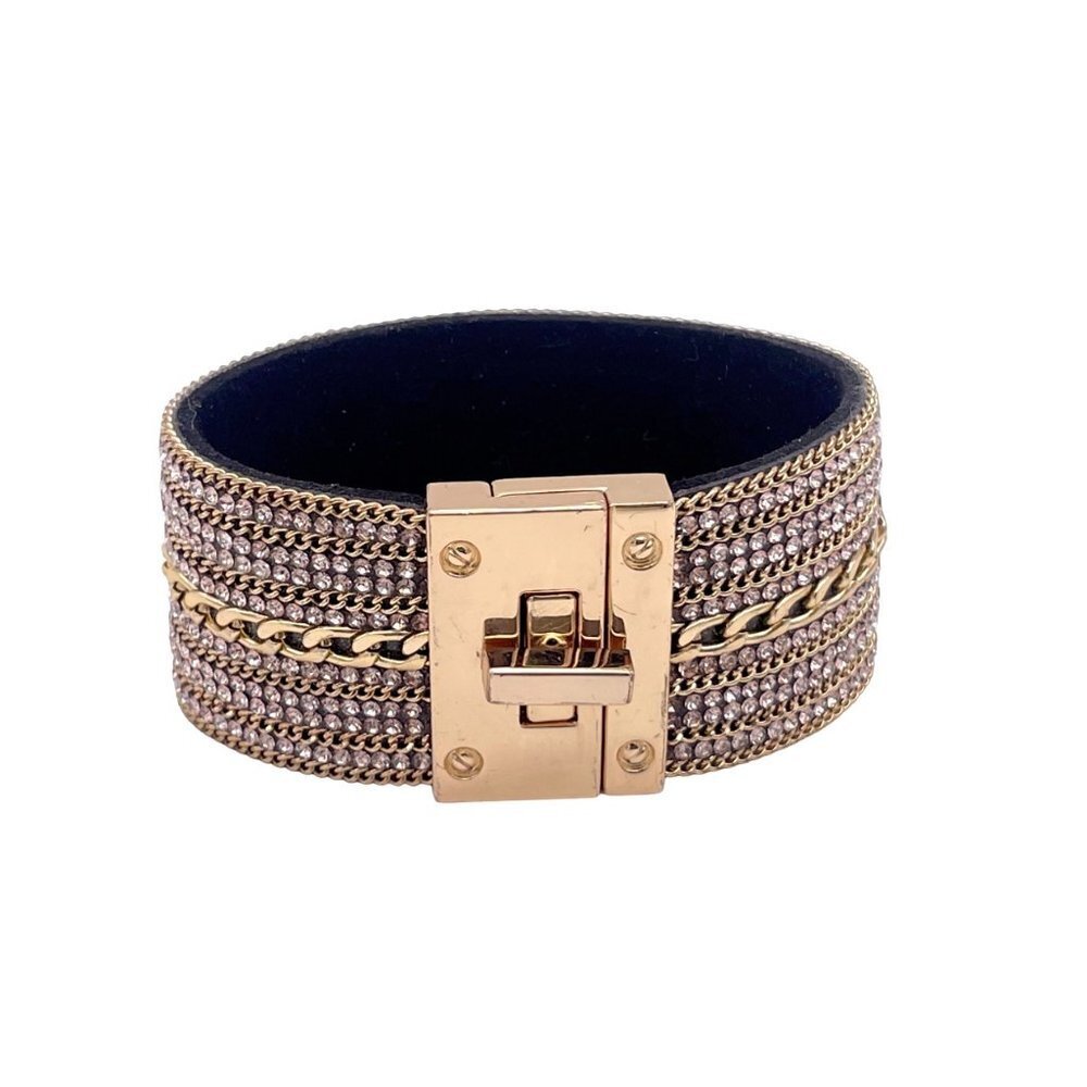 Rhinestone Chain Wide Cuff Bracelet Lock Closure Gold Tone